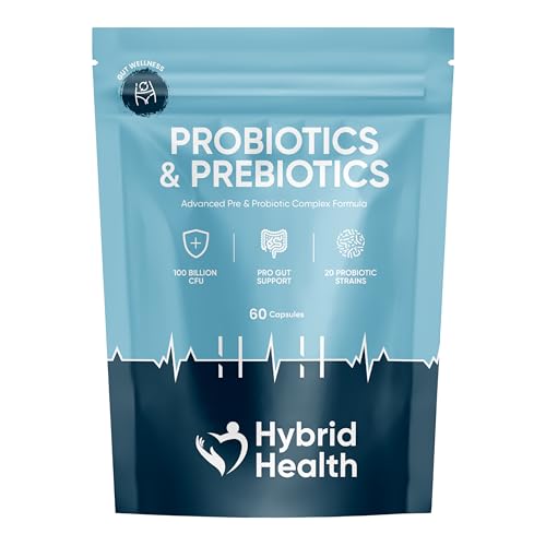 Hybrid Health Probiotic & Prebiotics Complex | 60 Vegan Capsules | 100 Billion CFU | Advanced Strength Probiotics with 20 Diverse Strains | Pre & Probiotics for Women and Men