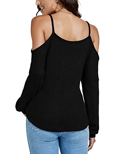 Lyaner Women's Waffle Knit Cold Shoulder Long Sleeve Spaghetti Strap Blouse Top Shirt Black Small #TOP1