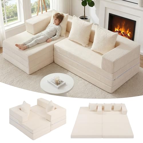 Modular Sectional Sofa, Boneless Convertible Oversized Sleeper Sofa Bed, Modern Tri-Folding Cloud Couch with L-Shape Chaise, Corduroy Futon Couches for Living Room Small Spaces Apartment,No Assembly