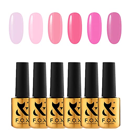 F.O.X Hot Pink Nail Polish Set of 6x 7ml Soak Off Colors High Pigmented Hypoallergenic UV Gel nail polish pink Polishes Baby Nail Polish Salon or Home Use Manicure set, Pink Panther Set
