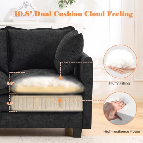 Image of 50'' Loveseat Sofa Cloud Sofa Couch, Modern Loveseats 2 Seat Couch 27 inch Deep Seat with 2 Pillows for Small Spaces Apartment Studio Office Bedroom Living Room, Black