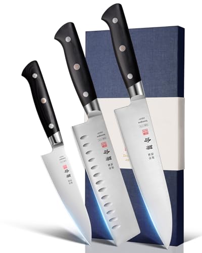 kanngou Chef Knife Set 3PCS Kitchen Knives with Japanese AUS-8 Alloy Steel Japanese Knife Set with Full-Tang Pakkawood Handle and Premium Gift Box (Classic Series)