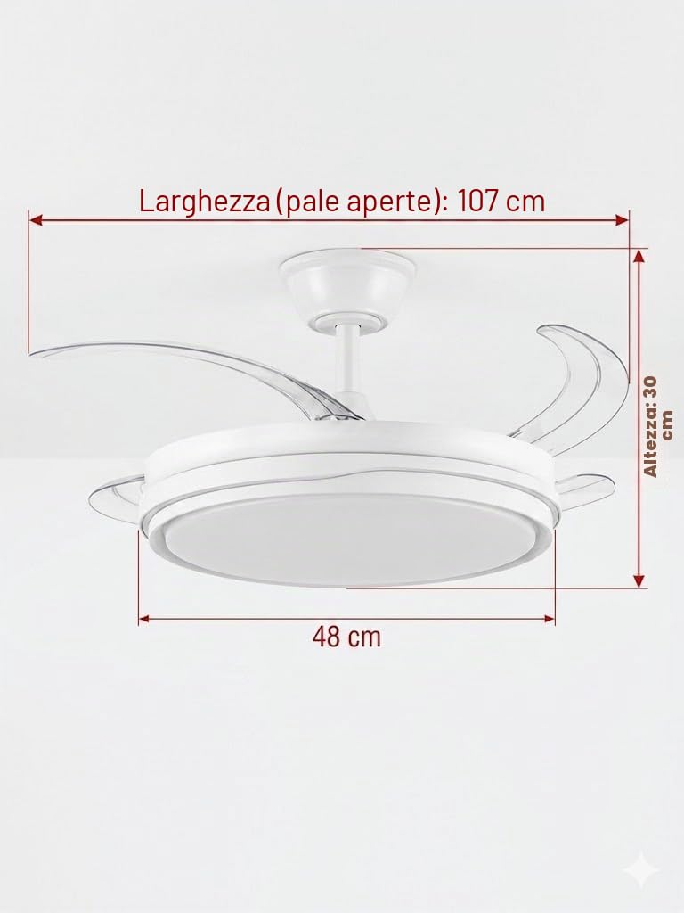 Genérico Ventilatore da soffitto con luce LED regolabile, 4 pale trasparenti, motore DC silenzioso, 6 velocità, funzione inversa estate/inverno, 60 W, con telecomando