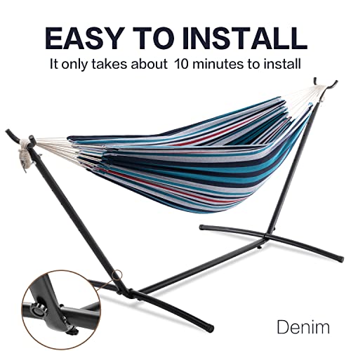 Image of PNAEUT Double Hammocks with Stand for Outside, Portable Space Saving Heavy-Duty Steel Stand for Indoor Outdoor Patio with Carrying Bag, 450 lbs Capacity (Denim)