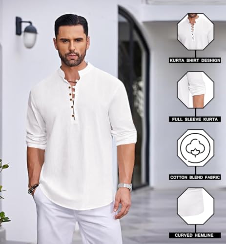 Image of Macsivo Men's Stylish Mandarin Collar Kurta | Casual Ethnic Fusion Shirt for Daily, Party & Travel | Full Sleeves | Cotton Blend Comfort Fit Short Kurta