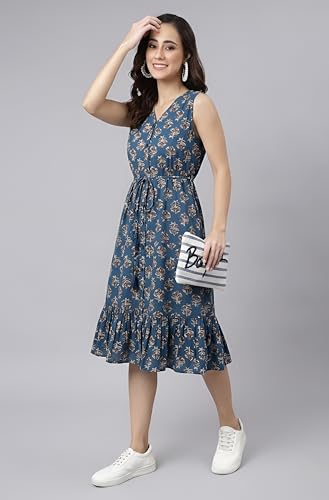 Image of Janasya Women's Cotton Ethnic Motifs Flared Western Dress