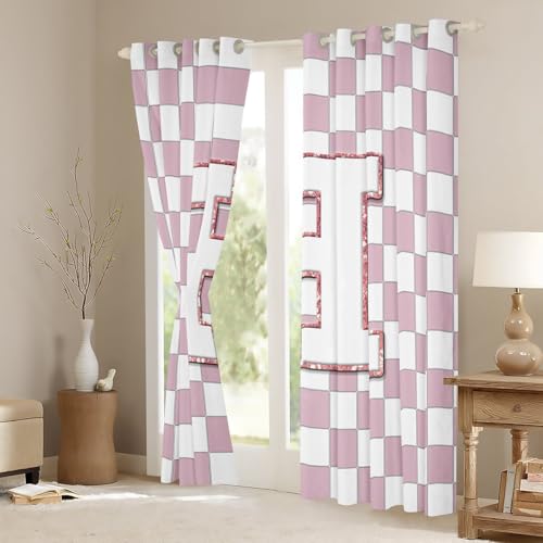 Image of Erosebridal Pink Initial H Blackout Curtains for Kids Girls Bedroom Kawaii Plaid Checkered Window Curtains 2 Panels 42 inchWx63 inchL Cute Personalized Monogram Drapes,Fashion Grids Gingham Window Treatments