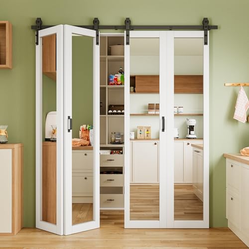 48'x84' HD Explosion-Proof Mirror Bi Fold Barn Door, Pre-Assembled Panel & Paintable Primed White...