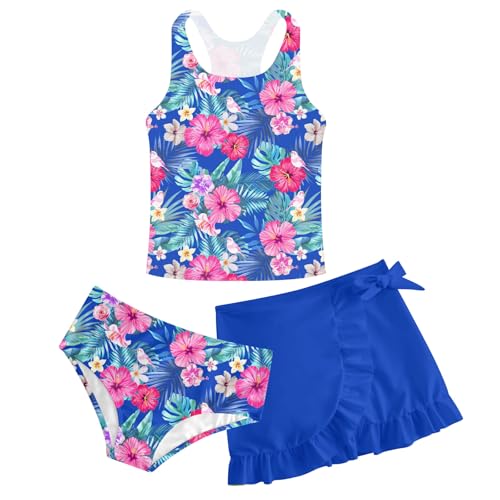 Image of Girls Swimsuits 3 Piece Tankini Bathing Suit Set Cute Bikini Swimwear with Cover Ups Beach Skirt 5-16 Years