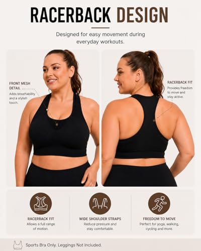 Image of FANCMISTERY Plus Size Sports Bra for Women Racerback Wireless Padded Bra for Yoga, Hiking, Cycling