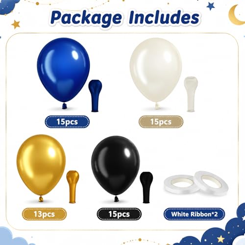 Image of Navy Blue and Gold Balloons, 60 Pcs 12 Inch Blue Gold Black White Latex Balloons for Graduation Birthday Baby Shower Party Decorations