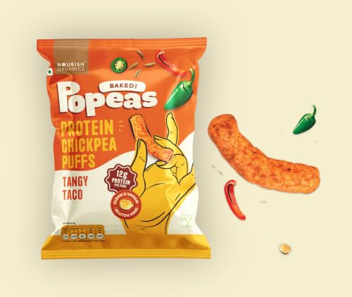 Image of Nourish Organics Tangy Taco Protein Puffs | 12g Plant Protein per Pack | Baked, Not Fried | Made with Chickpea, Brown Rice & Maize | No Maida, No Palm Oil | Gluten-Free Snack with Bold Taco Flavour | 60g (Pack of 4)