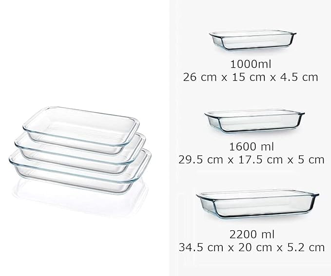 LEOMORD Borosilicate Glass Baking Dish Set, Rectangular Serving Trays, Transparent, 1000/1600/2200 ML Capacity, 3-Piece Set with Ergonomic Handles 4