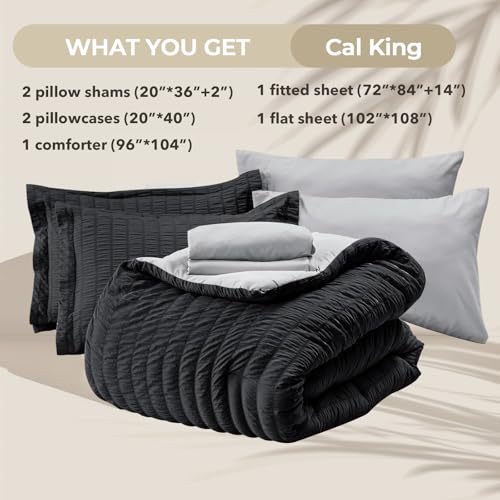 Image of HYMOKEGE Black /Light Grey California King Comforter Set Seersucker 7 Pieces, All Season Luxury Bed in a Bag for Bedroom, Bedding Set with Comforter, Sheets, Pillowcases & Shams