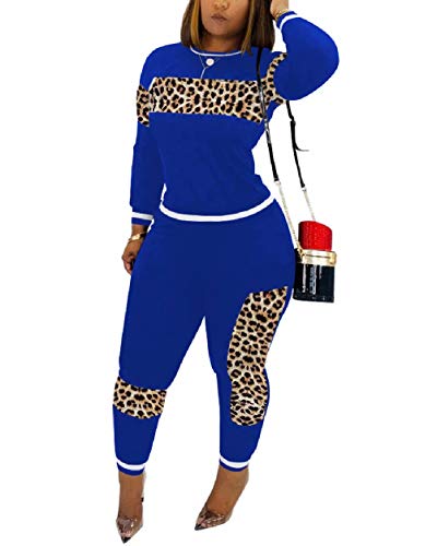 Women's Leopard Print Two Piece Outfits Casual Patchwork Bodycon Sweatsuit Tracksuit Top Pants Set with Pockets Blue M