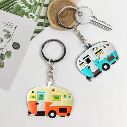 AOEVUIR 2 Pcs Schlüsselanhänger Wohnwagen Camper Schlüsselanhänger Wohnmobil Deko Retro Reiseanhänger Zubehör RV Campervan Geschenk Charm