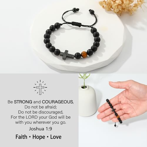 Image of P. BLAKE Cross Bracelet for Boys Men, American Flag Cross Natural Beads Bracelet Christian Religious Birthday Jewelry Gifts for Teen Boys