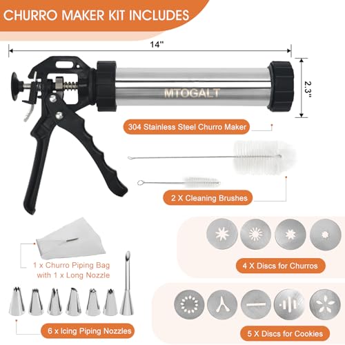 MTOGALT 21-Piece Cookie Press Set & Churro Maker Machine – Stainless Steel Baking Gun for Spritz Cookies, Hollow Churros, and Pastry – Includes 6 Nozzles, 9 Discs, Piping Bag, and 2 Brushes by MTOGALT - Image 5