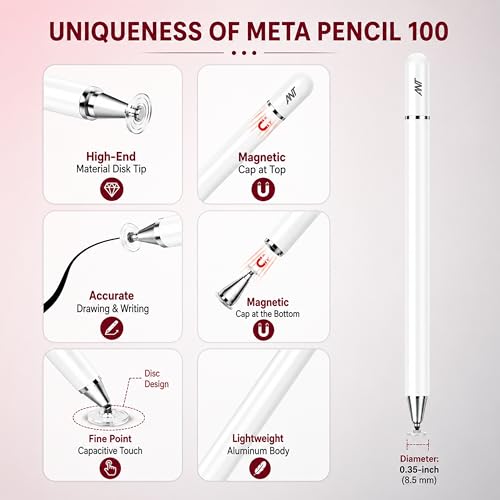 Image of Ant META Pencil 100 Stylus Pen for iPad, iPhone, Android Tablets & Smartphones | Precision Disc Tip, No Charging, Magnetic Cap, Aluminum Body for Drawing, Writing, Note Taking & Signatures - White