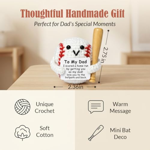 Image of PATPAT Handmade Plushies Crochet Toys Desk Decor with To My Dad Message Card & Baseball Bat, Cute Stuff Crochet Doll Gift for Office Home for Dady Stress Relief Toys Adults Father Day, Birthday Gifts
