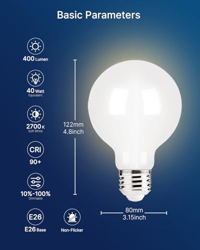 Image of FLSNT G25 LED Globe Bulb, 40W Equivalent 400 Lumens, White Glass 2700K Soft White, Dimmable, E26 Base, CRI90+, for Bathroom Vanity & Mirror Lighting, UL Listed, 6 Pack