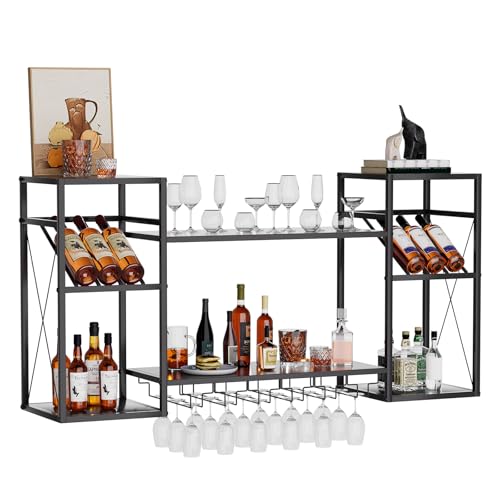 uyoyous Metall Weinregal Wand, 3 Ebenen Wine Display Ständer mit 6 Glashaltern, 48 Zoll Modern Industriell Barregal, Multi funktionaler Wandmontage Wine Display Rack für Hausbar, Küche, Esszimmer,usw