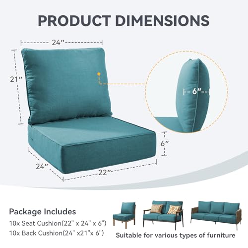 Image of Outdoor Cushion Set for Patio Furniture, UV Resistant, Water Resistant - 6 Inch Thick Foam Garden Cushions - 22x24 Inch Patio Seat Covers for Chair /Sofa /Couch | Peacock Green | 10-Pack |