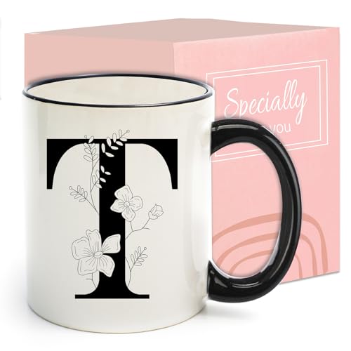 Monogram Ceramic Coffee Mugs, 11 oz Initial Drinking Cup with Gift Box, Unique Birthday Valentines Day Gifts for Women Wife Mothers Day Grandma Mom Aunt, T