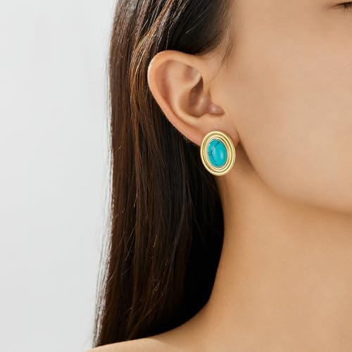 Chunky Gold Color Earrings Fashion Geometric 18K Gold Turquoise Lapis Lazuli Green Red Oval Earrings for Women2