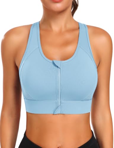 Image of JoyGirl Zip Front Sports Bra Mesh Racerback High Impact Workout Bra | Mesh Racerback, Sewn-in Pads, High Support Gym Yoga Bra, Compression