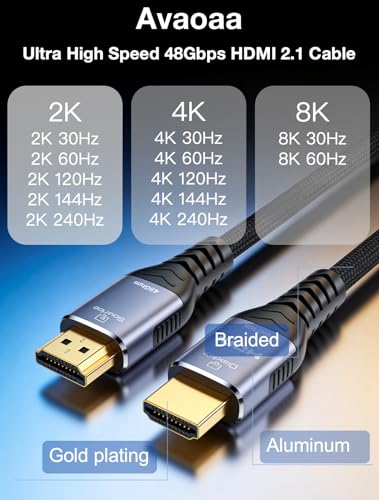 Image of Avaoaa 8K 4K Long Fiber Optic HDMI 2.1 Cable 100FT, Ultra High Speed Cable 8K 4K 144Hz 120Hz 60Hz Braided HDMI Cord Compatible for PS5 Xbox Support ARC eARC HDR10+ HDCP2.3 Monitor HDTV Laptop Blu