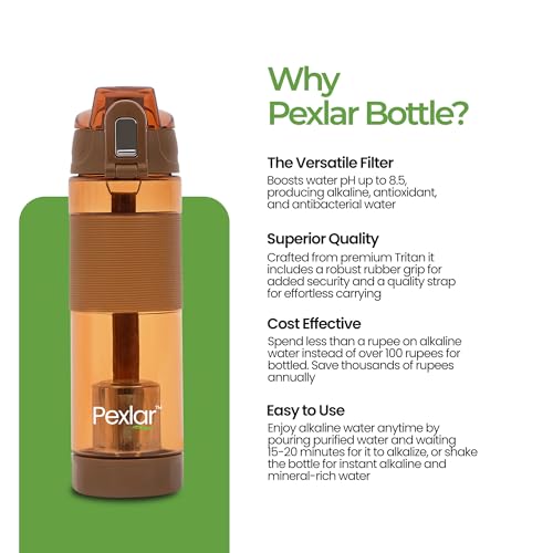 Image of Pexlar Tritan Multi Stage Alkaline Water Filter Bottle | Alkaline Water Generator | Water Bottle with Filter inside | Brown | 650 ml | Multirich Mineral Water - BPA Free