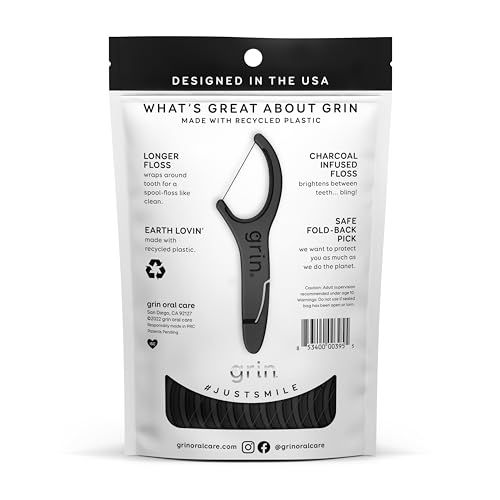 GRIN White Charcoal Infused Flosspyx, 75 Count, Dental Flossers, Minty Flavor, Recycled Plastic, Charcoal Infused Floss Picks, Premium Longer Floss Head, Easy Slide, Includes Soft Fold-Back Tooth Pick - Image 3