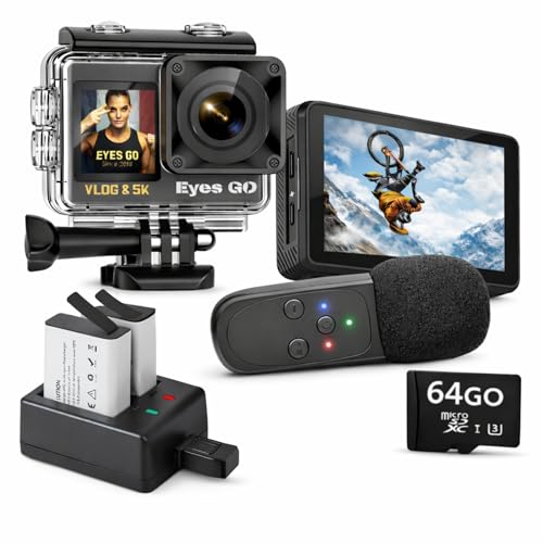 Eyes GO 5K Caméra Sport 5K30fps 4K60FPS 120FPS Marque FRANÇAISE 31 Accessoires Photo 50MP 2 Ecrans Tactile Vlog Télécommande Micro 360° Stabilisateur E.I.S 2.0...