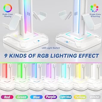 KDD RGB Headset Stand with 9 Light Modes - Controller Holder for Desk - Rotatable Headphone Stand & Detachable Controller Hook for PC Earphone Accessories