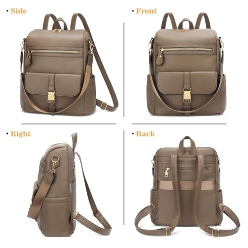 Image of KKXIU Backpack Purse for Women - Multi-pocket Leather backpack for Travel, Work & School with Anti-Theft Lock Pocket, Luggage Strap & Water Bottle Pockets - 13x14x5.2 Inch, 1.67lb (Khaki)