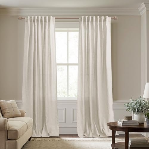 Oatmeal Beige Linen Curtains Natural Fabric Sheer Greige Rustic Farmhouse Curtain for Living Room Farm House Primitive Curtains for Bedroom Dining Room Wide 52 x 84 Inches Long 2 Panels Set