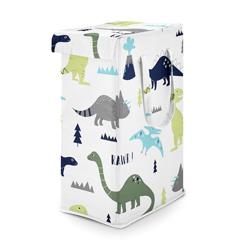 Image of Sweet Jojo Designs Blue Green Modern Dinosaur Boy Laundry Hamper Foldable Dirty Clothes Basket with Handles for Baby Nursery Kids Bedroom Teen Bathroom Dino Dinosaurs Prehistoric Boho Bohemian Volcano