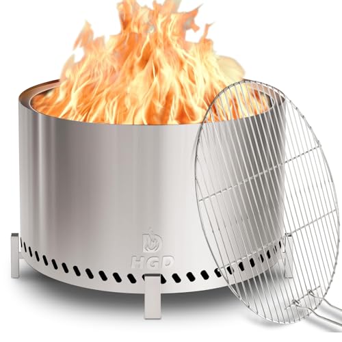 HGD 27.5' Smokeless Firepit with Stand & Grill Rack, Large Stainless Steel Wood Burning Fire Pit for...