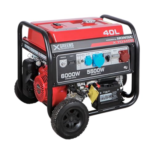 XGREENS Generador de corriente (gasolina) X70MTE (máx. 6.000W, depósito 40 l, AVR, Powered by Honda, eléctrico, ruedas, alerta aceite, trifásico, 3 tomas 230/400V, protección térmica y panel digital)
