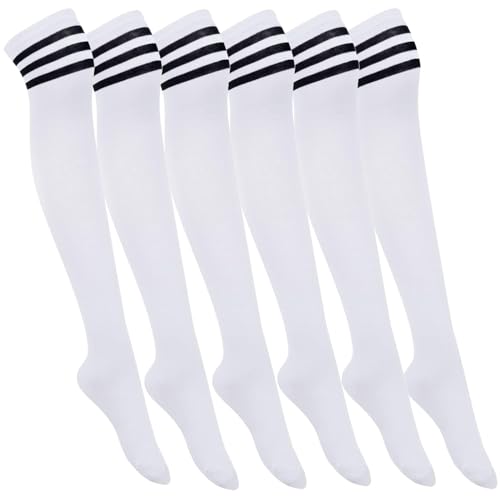 Image of 6 Pairs Over Knee Thigh High Socks 3 Stripes, Assorted Color Long Stocking Leg Warmer for School Uniform Costume