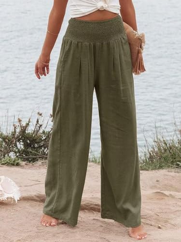 Chatinction Women Linen Palazzo Pants Flowy Wide Leg High Waist Lounge Boho Pant Trousers with Pockets4