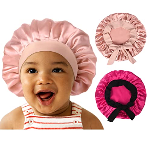 Image of 2 PCS Baby Bonnet Toddler Silk Bonnet for Kids Sleeping Cap Curly Natural Hair Silk Hair Bonnets for Girls Boys Infant