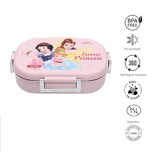 Image of JAYPEE Inner Stainless Steel Insulated Lunch Box Missteel Forever Princess Printed Airtight Tiffin Box for School Kids Girls | Bpa Free,Light Pink, 500 ml