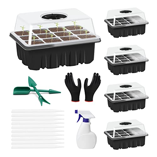 HMGDFUE 5 Pcs Mini Serre Interieur,12 Trous Mini Serre Bac Semis pour Plantes Plateaux de Culture, Outils de Plantation la Germination des Graines Plateaux de Démarrage de Semis