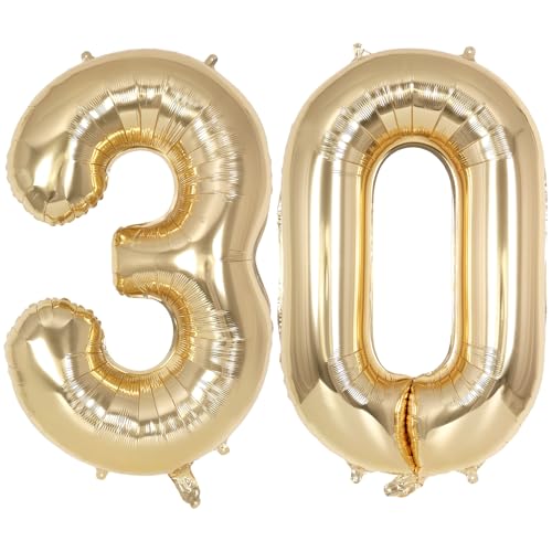 Image of Champagne Gold Large Number 30 Balloon, 40 Inch Light Gold Foil Helium Number Balloons, Giant Mylar Number 30 Balloons for 30 Years Old Birthday Party Anniversary Decorations (Champagne Gold 30)
