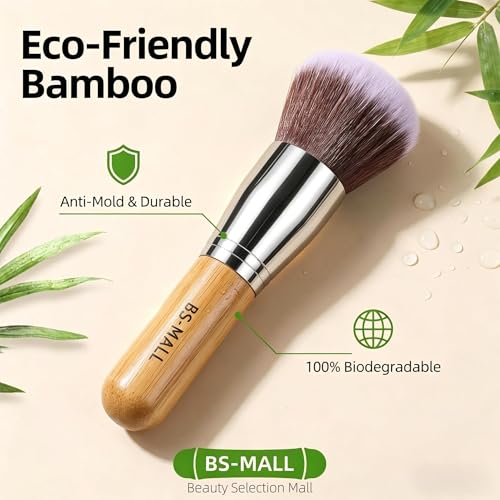 BS-MALL Makeup Brush Set 11Pcs Bamboo Synthetic Kabuki Brush Set Foundation Powder Blending Concealer Eye shadows Blush Cosmetics Brushes with Travel Organizer Bag & Makeup Sponge (Bamboo 11)