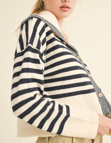 Ladyful Women's Cropped Striped Cardigan Sweater Long Sleeve Collar Button Down Loose V Neck Outerwear Coats4