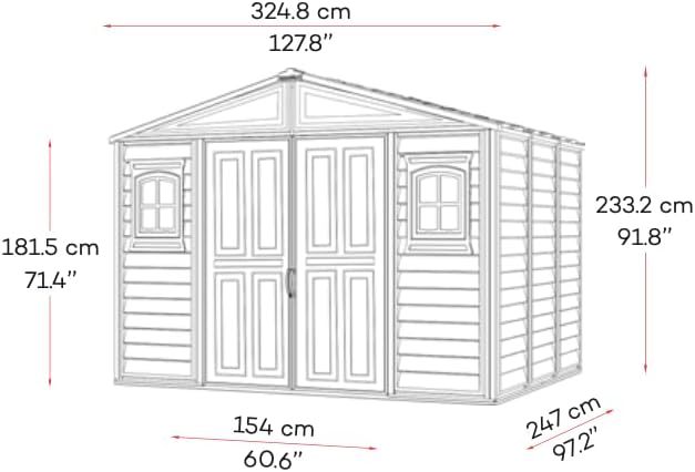 Technical drawing of the Duramax Woodbridge II shed with key dimensions labeled in centimeters and inches.
