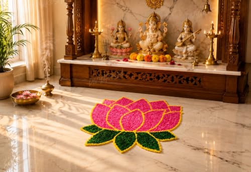 Image of Divyakosh Lotus Floor Mat 2 ft x 2 ft Artificial Grass Decorative Entrance Mat, Pink Lotus Rangoli for Home Entrance Temple Pooja Room Diwali Decoration Reusable Festival Decor